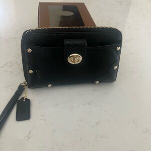 Coach Black Leather Wallet Wristlet with Gold-Tone Hardware